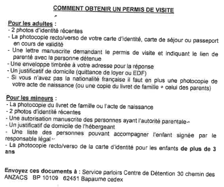 liste des documents à fournir pour demander un permis de visite à Bapaume