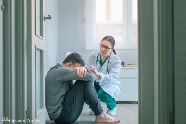 homme avec pensées suicidaires à côté d'une infirmière en prison